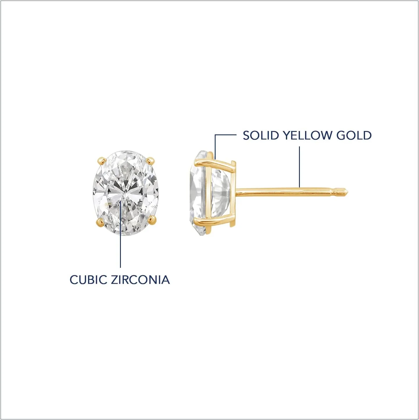 10K or 14K Real Solid Gold Stud Earrings for Women | White or Yellow Gold Oval Cut Solitaire Studs | 0.5 to 4 Carat Cubic Zirconia CZ Simulated Diamond