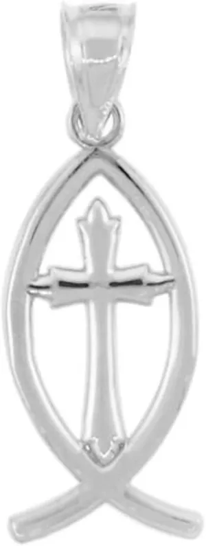 10k White Gold Christian Cross Charm Jesus Ichthus Fish Pendant