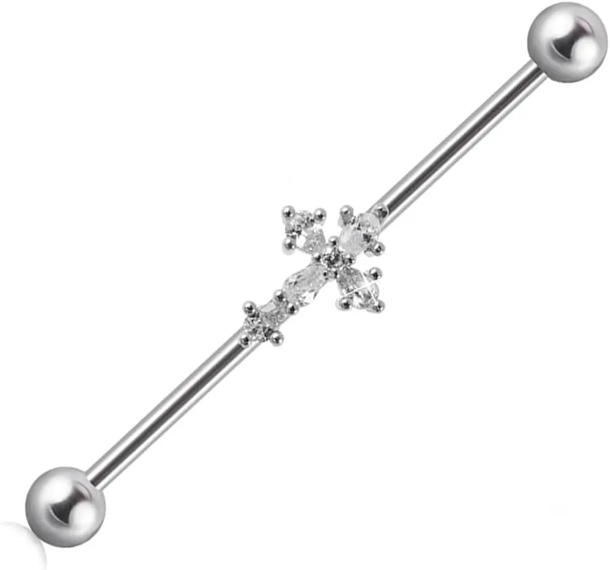 14G CZ Cross Industrial Barbell Earrings for Women 316L Stainless Steel Cartilage Earrings 38mm Industrial Bar Industrial Piercing Jewelry