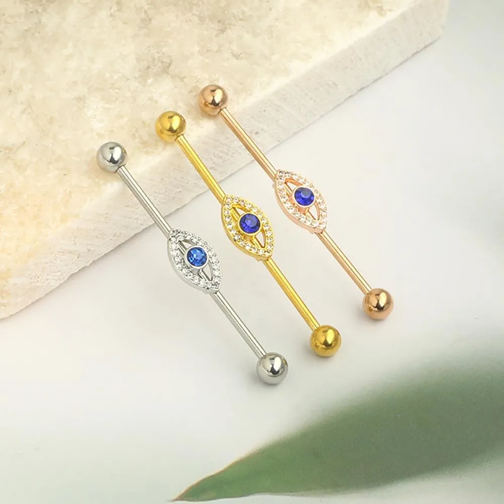 14G CZ Evil Eye Industrial Barbell Cartilage Earrings for Women Men Stainless Steel Conch Helix Cartilage Piercing Jewelry 38mm 1 1/2 Inch Industrial Bar Body Jewelry