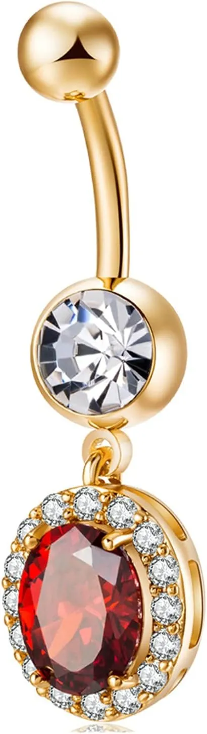 14G Navel Ring Titanium, Gold Plated Belly Gold Button Ring Red Cubic Zirconia Navel Rings for Women Unique
