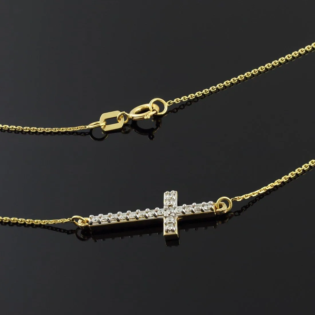 14k Gold Diamond Studded Sideways Cross Necklace