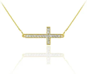 14k Gold Diamond Studded Sideways Cross Necklace