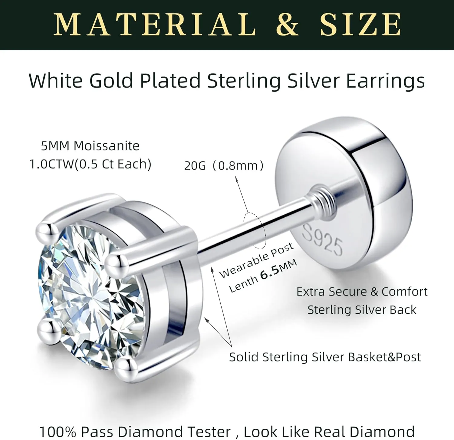 14K Gold Plated 925 Sterling Silver Moissanite Stud Flat Back Earrings for Women 0.06ct-2ct DF Color Brilliant Round Cut Jewelry Gifts