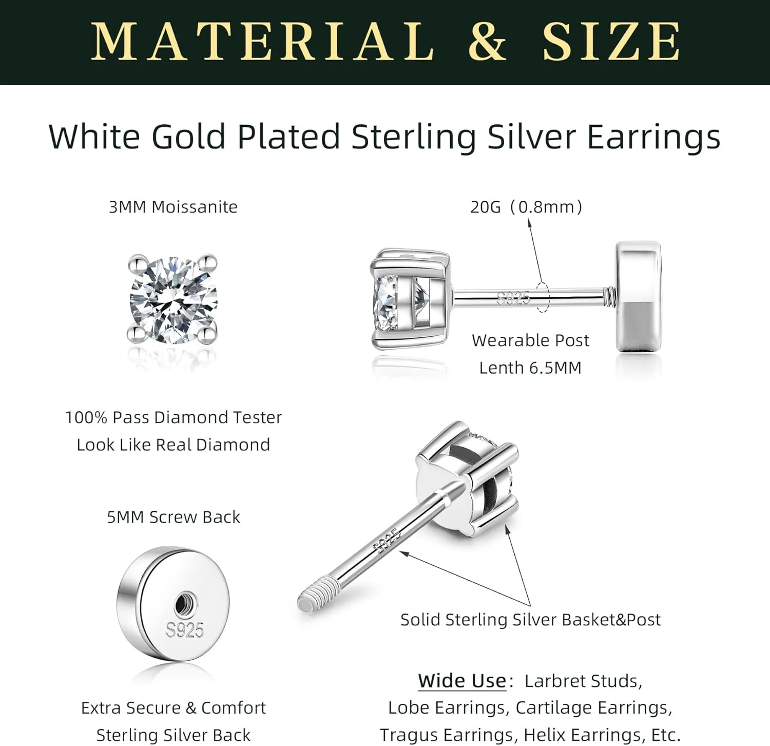 14K Gold Plated 925 Sterling Silver Moissanite Stud Flat Back Earrings for Women 0.06ct-2ct DF Color Brilliant Round Cut Jewelry Gifts