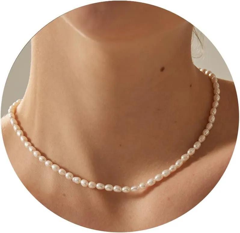 14K Gold Plated Freshwater Pearl Necklaces for Women Teens Dainty Small 4mm Adjustable Chain 16 2" Oval Rice Real Pearl Strand Necklace Pearl Accessories Jewelry Gifts