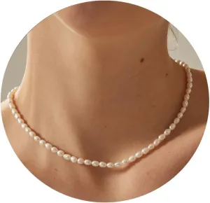 14K Gold Plated Freshwater Pearl Necklaces for Women Teens Dainty Small 4mm Adjustable Chain 16 2" Oval Rice Real Pearl Strand Necklace Pearl Accessories Jewelry Gifts