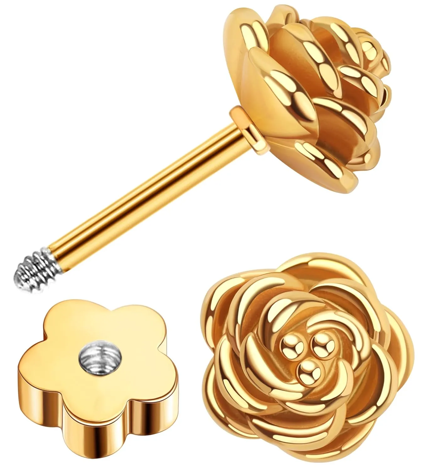 14k Gold Plated Handmade Flower Flat Back Earrings Screw Back Cartilage Earrings Studs Hypoallergenic Nap Earrings Women Helix Piercing Gold