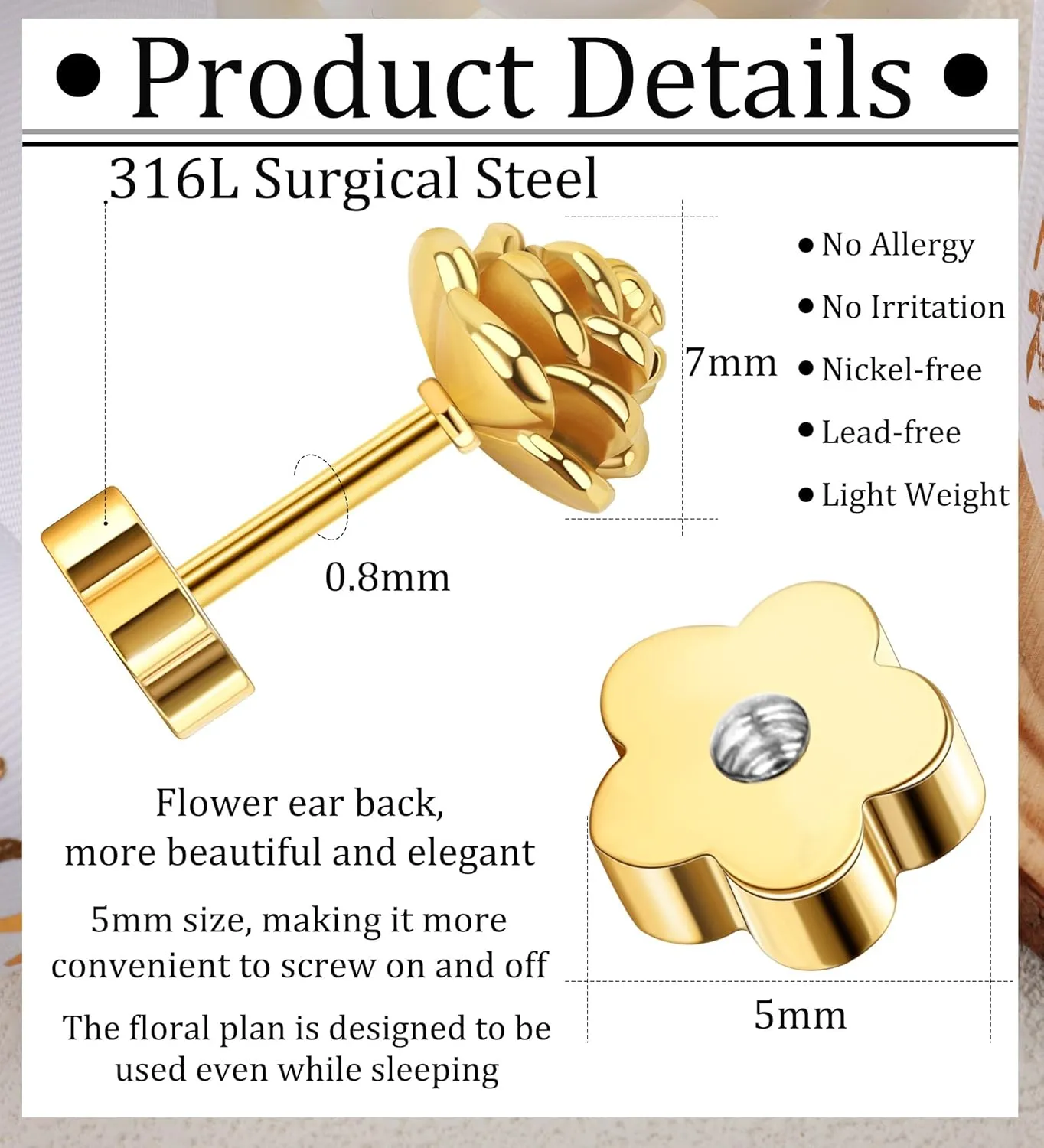 14k Gold Plated Handmade Flower Flat Back Earrings Screw Back Cartilage Earrings Studs Hypoallergenic Nap Earrings Women Helix Piercing Gold