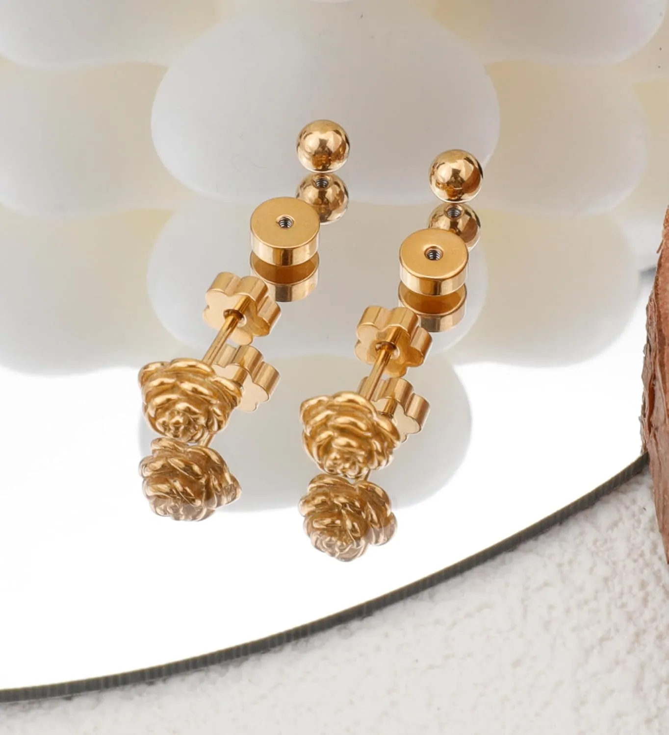14k Gold Plated Handmade Flower Flat Back Earrings Screw Back Cartilage Earrings Studs Hypoallergenic Nap Earrings Women Helix Piercing Gold