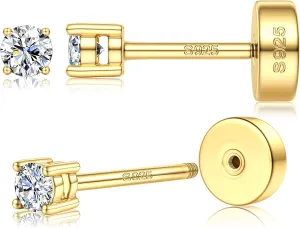 14K Gold Plated Moissanite Stud Earrings with Flat Back,925 Sterling Silver Moissanite Earring for Women Men,Small Round Cut D Color VVS1 Stud Earrings Hypoallergenic Jewelry Gift