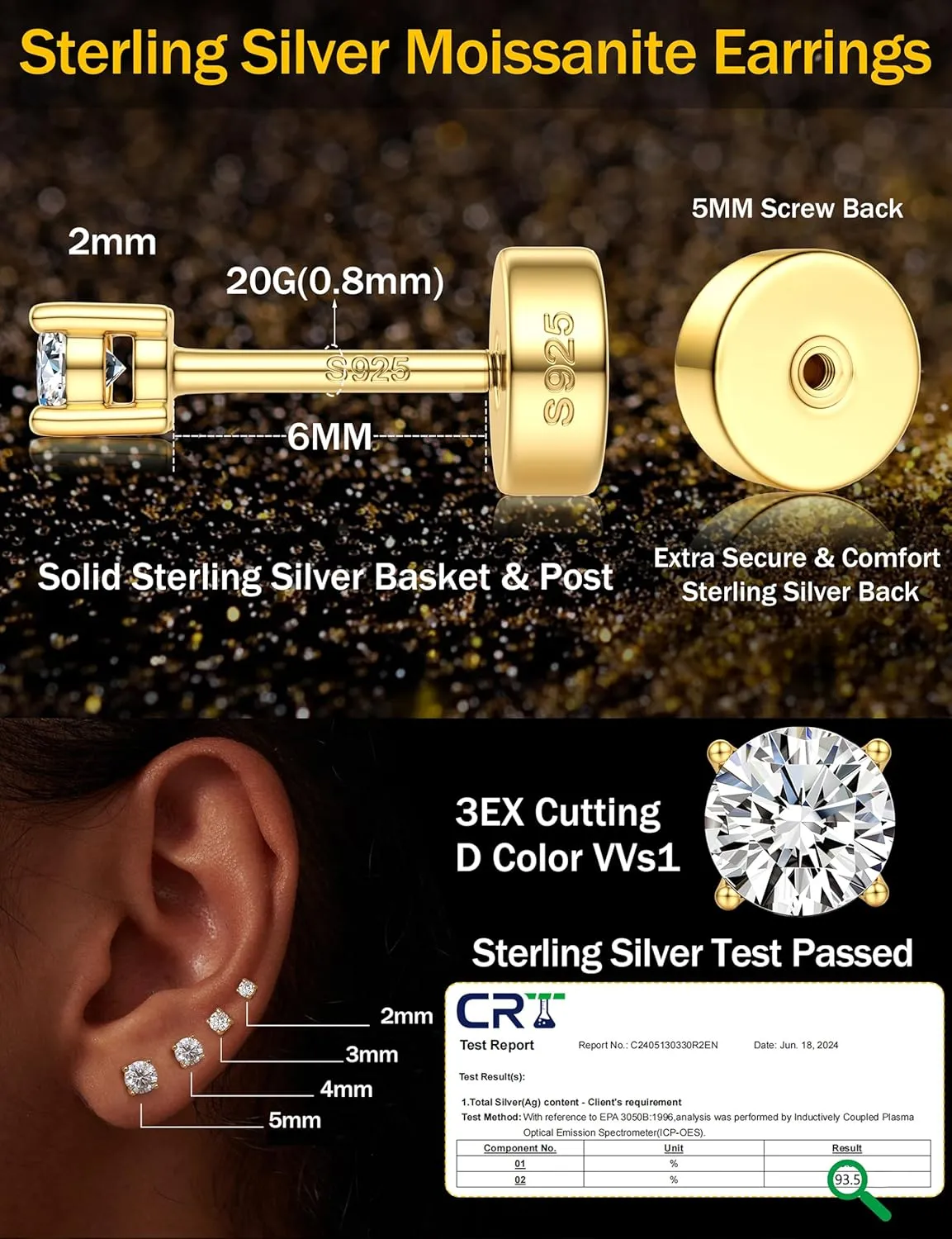 14K Gold Plated Moissanite Stud Earrings with Flat Back,925 Sterling Silver Moissanite Earring for Women Men,Small Round Cut D Color VVS1 Stud Earrings Hypoallergenic Jewelry Gift