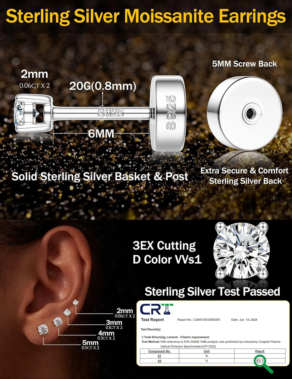 14K Gold Plated Moissanite Stud Earrings with Flat Back,925 Sterling Silver Moissanite Earring for Women Men,Small Round Cut D Color VVS1 Stud Earrings Hypoallergenic Jewelry Gift