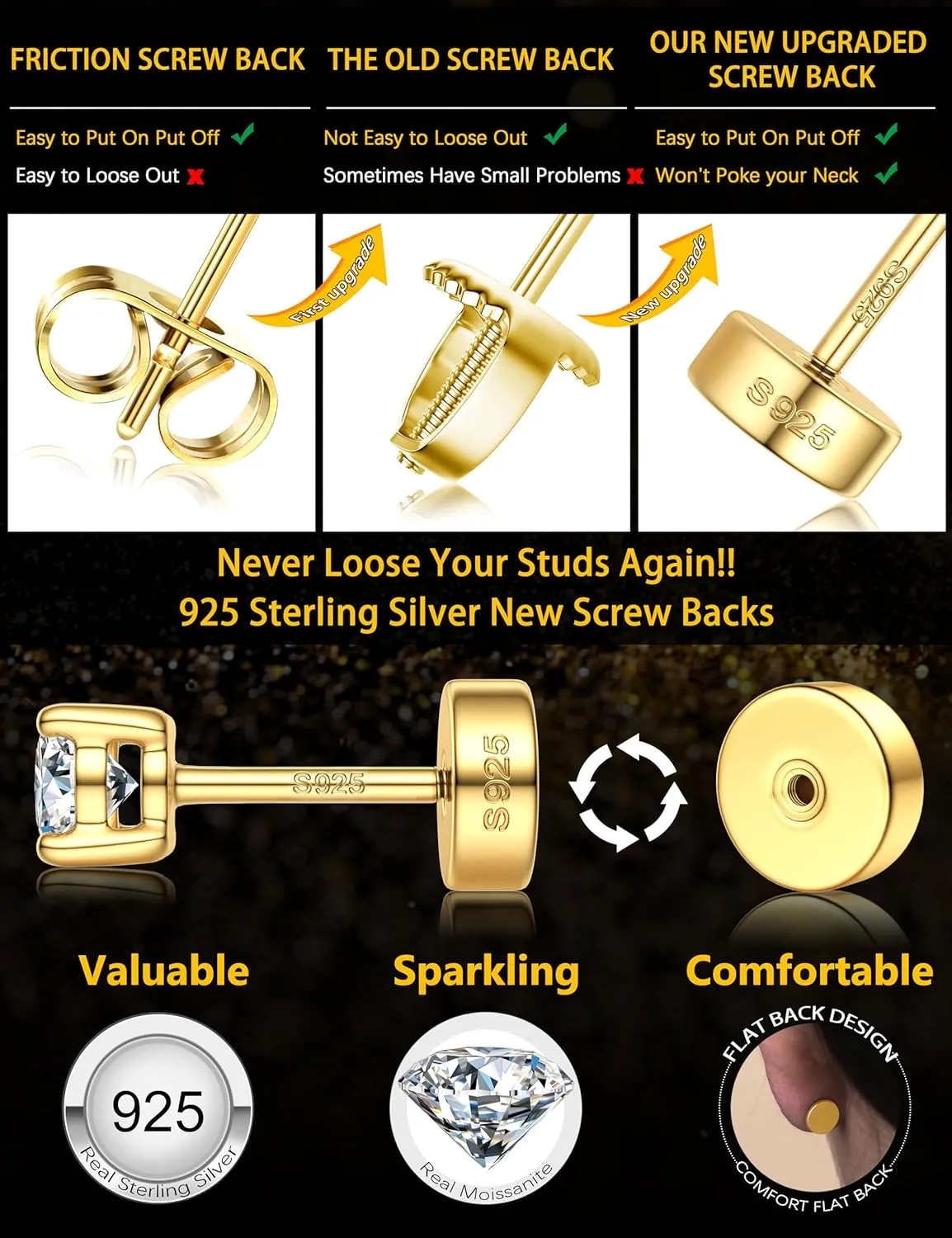 14K Gold Plated Moissanite Stud Earrings with Flat Back,925 Sterling Silver Moissanite Earring for Women Men,Small Round Cut D Color VVS1 Stud Earrings Hypoallergenic Jewelry Gift