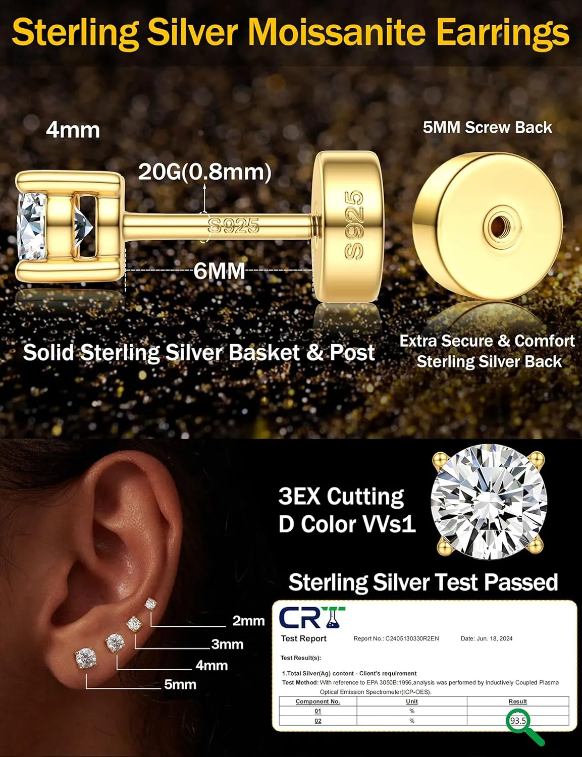 14K Gold Plated Moissanite Stud Earrings with Flat Back,925 Sterling Silver Moissanite Earring for Women Men,Small Round Cut D Color VVS1 Stud Earrings Hypoallergenic Jewelry Gift