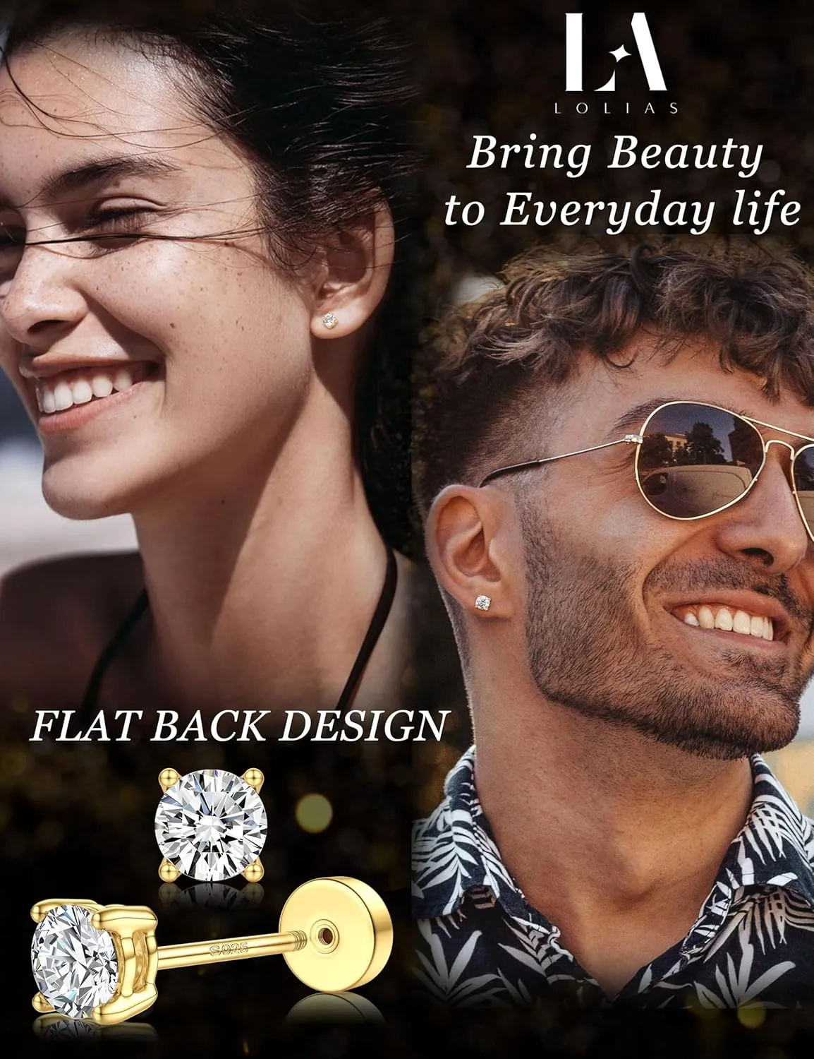 14K Gold Plated Moissanite Stud Earrings with Flat Back,925 Sterling Silver Moissanite Earring for Women Men,Small Round Cut D Color VVS1 Stud Earrings Hypoallergenic Jewelry Gift
