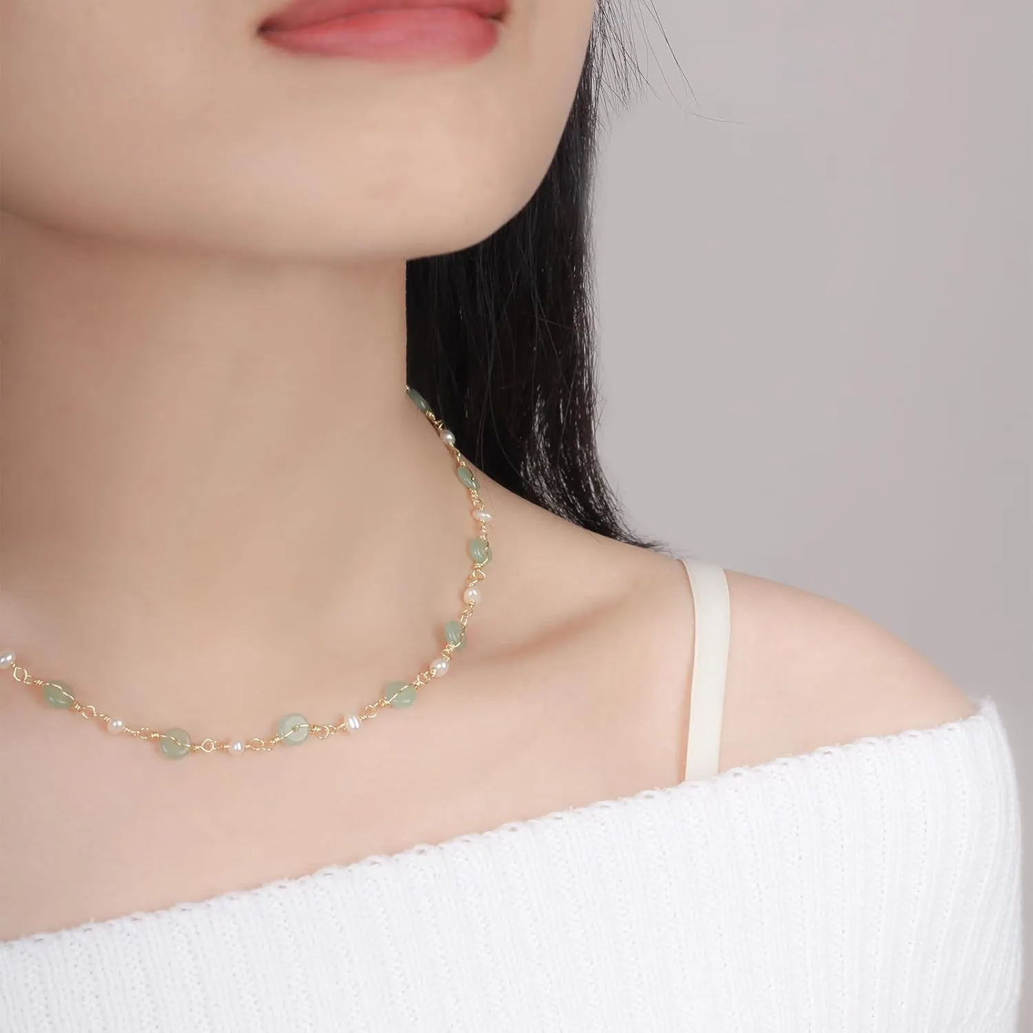 14K Gold Plated Natural Jade & Pearls Necklaces for Women, Natural Freshwater Pearls Jade Pendant for Women, Lucky Green Jade Jewelry Chain for Women Lover (14K Gold Plated)