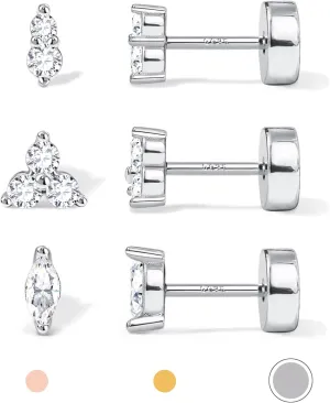 14K Gold Plated Solid 925 Sterling Silver Post Flat Back Earrings Stud | Cartilage Helix Conch Tragus Piercing Jewelry 3 Pairs Tiny Screw Dainty CZ Opal Earring Set Men Women