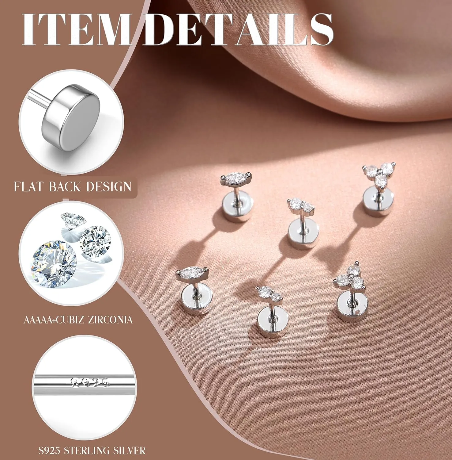 14K Gold Plated Solid 925 Sterling Silver Post Flat Back Earrings Stud | Cartilage Helix Conch Tragus Piercing Jewelry 3 Pairs Tiny Screw Dainty CZ Opal Earring Set Men Women