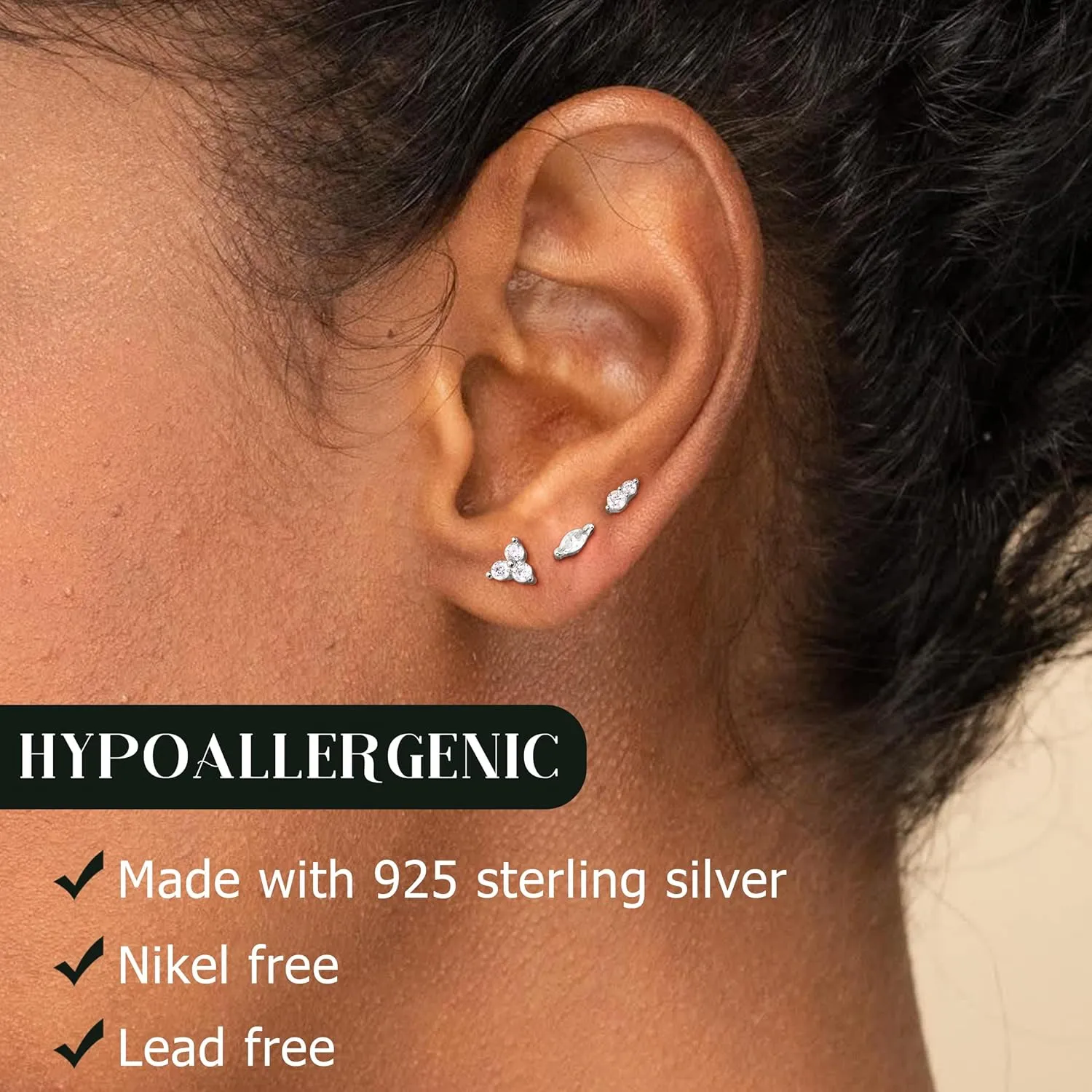 14K Gold Plated Solid 925 Sterling Silver Post Flat Back Earrings Stud | Cartilage Helix Conch Tragus Piercing Jewelry 3 Pairs Tiny Screw Dainty CZ Opal Earring Set Men Women