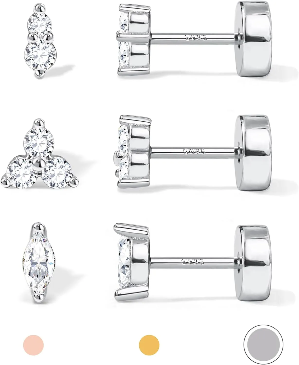 14K Gold Plated Solid 925 Sterling Silver Post Flat Back Earrings Stud | Cartilage Helix Conch Tragus Piercing Jewelry 3 Pairs Tiny Screw Dainty CZ Opal Earring Set Men Women