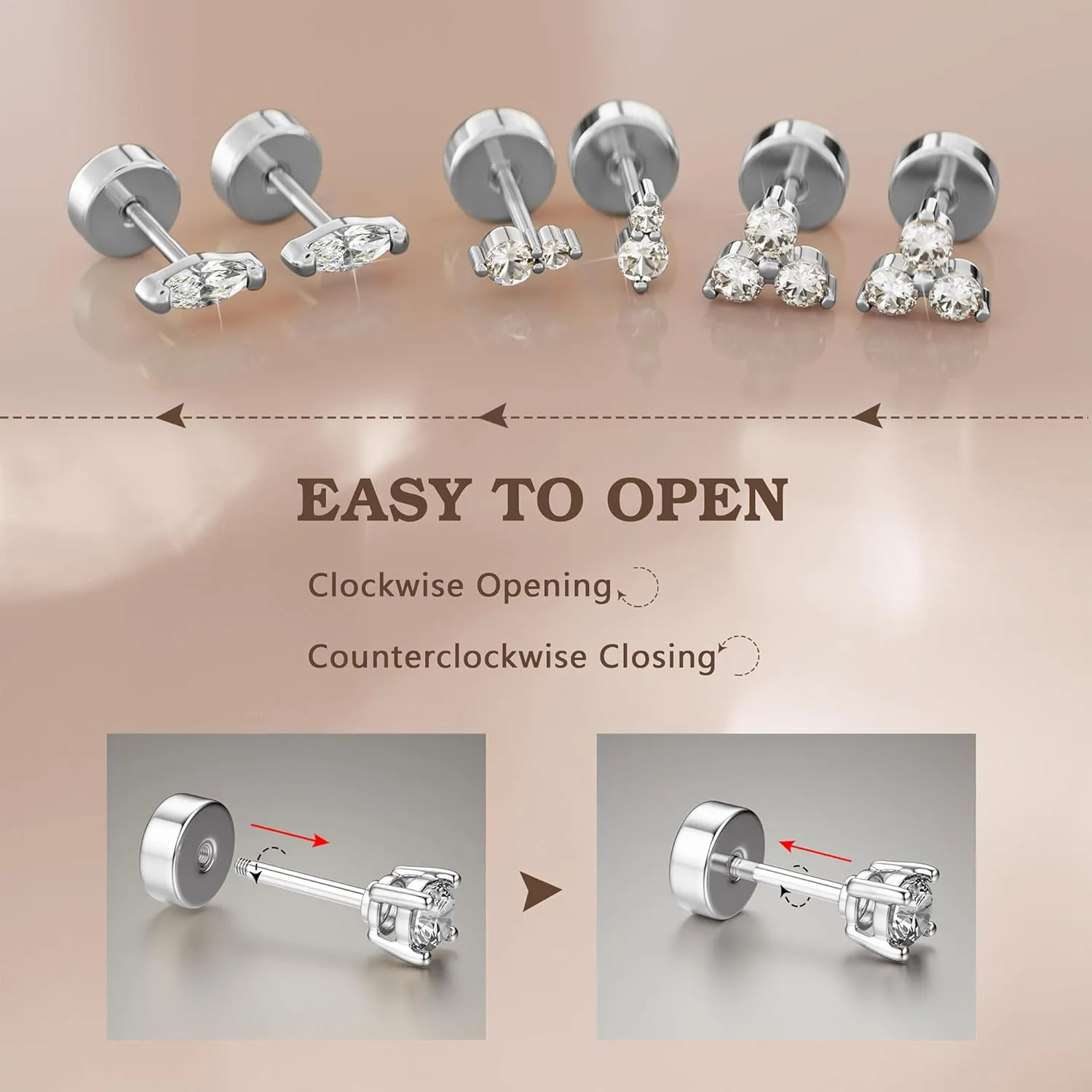 14K Gold Plated Solid 925 Sterling Silver Post Flat Back Earrings Stud | Cartilage Helix Conch Tragus Piercing Jewelry 3 Pairs Tiny Screw Dainty CZ Opal Earring Set Men Women
