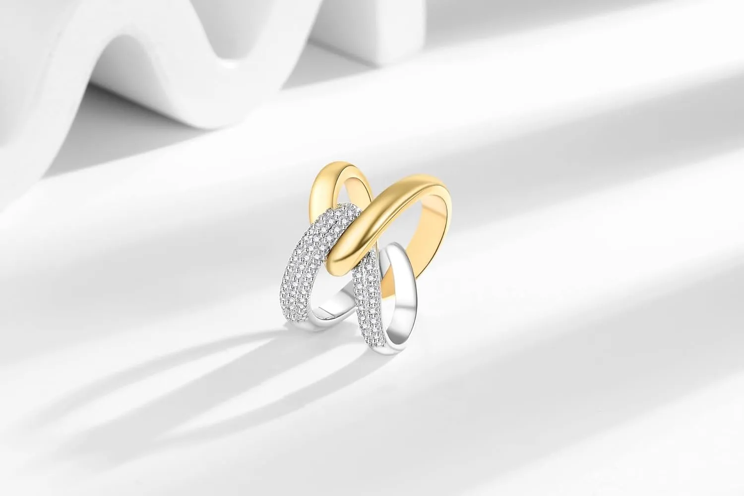 14K Gold Plated X Ring for Women Mixed Metal Ring Cubic Zirconia Rings Unique Criss Cross Promise Ring Non Tarnish Fashion Statement Knuckle Rings Jewelry Gifts