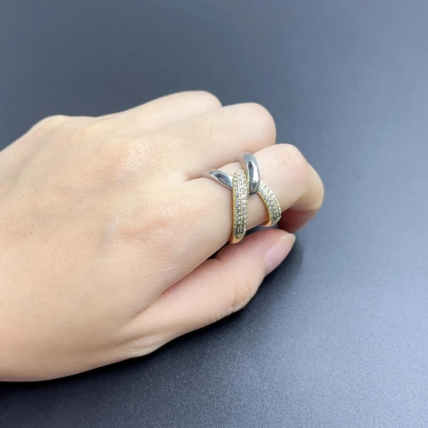 14K Gold Plated X Ring for Women Mixed Metal Ring Cubic Zirconia Rings Unique Criss Cross Promise Ring Non Tarnish Fashion Statement Knuckle Rings Jewelry Gifts