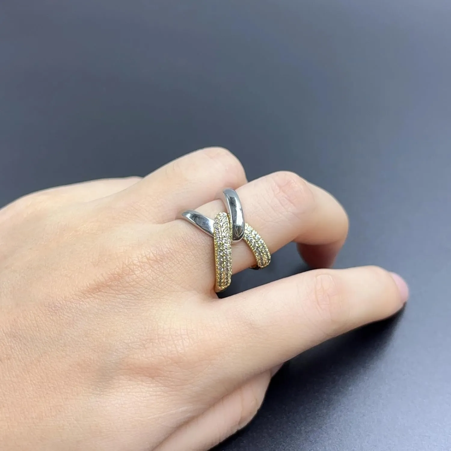 14K Gold Plated X Ring for Women Mixed Metal Ring Cubic Zirconia Rings Unique Criss Cross Promise Ring Non Tarnish Fashion Statement Knuckle Rings Jewelry Gifts