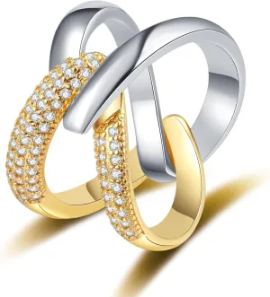 14K Gold Plated X Ring for Women Mixed Metal Ring Cubic Zirconia Rings Unique Criss Cross Promise Ring Non Tarnish Fashion Statement Knuckle Rings Jewelry Gifts