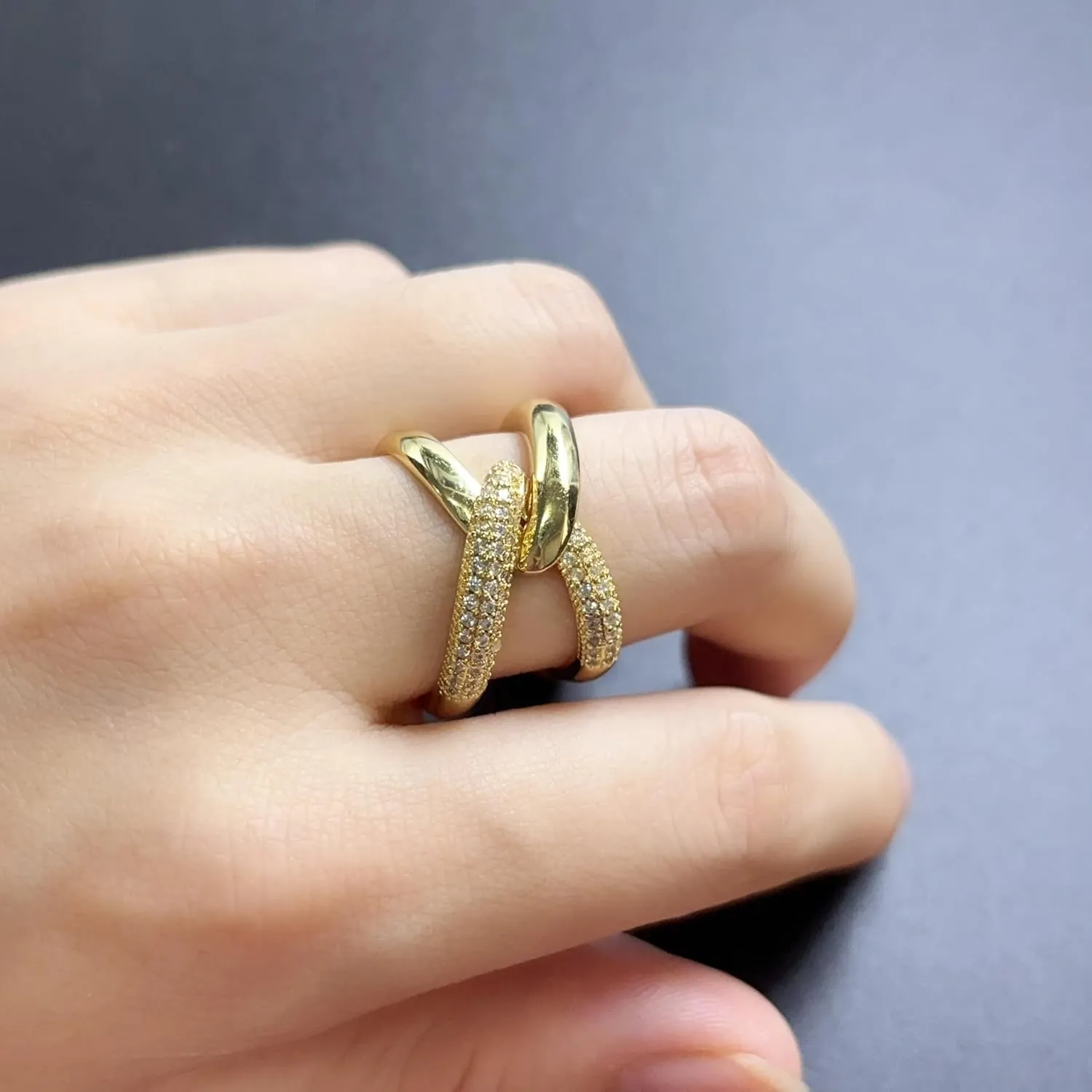 14K Gold Plated X Ring for Women Mixed Metal Ring Cubic Zirconia Rings Unique Criss Cross Promise Ring Non Tarnish Fashion Statement Knuckle Rings Jewelry Gifts