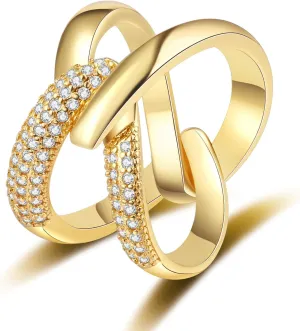 14K Gold Plated X Ring for Women Mixed Metal Ring Cubic Zirconia Rings Unique Criss Cross Promise Ring Non Tarnish Fashion Statement Knuckle Rings Jewelry Gifts