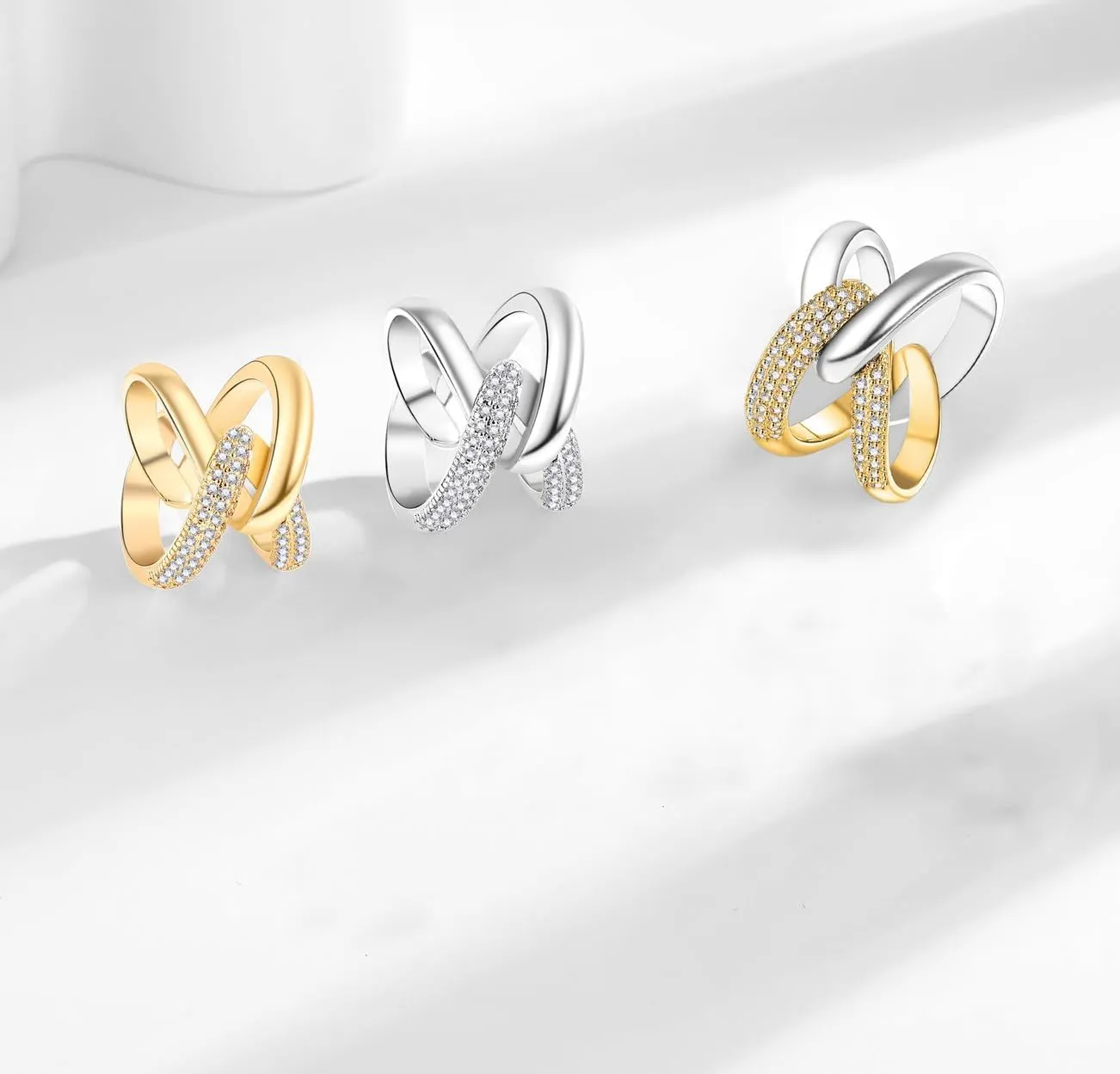 14K Gold Plated X Ring for Women Mixed Metal Ring Cubic Zirconia Rings Unique Criss Cross Promise Ring Non Tarnish Fashion Statement Knuckle Rings Jewelry Gifts