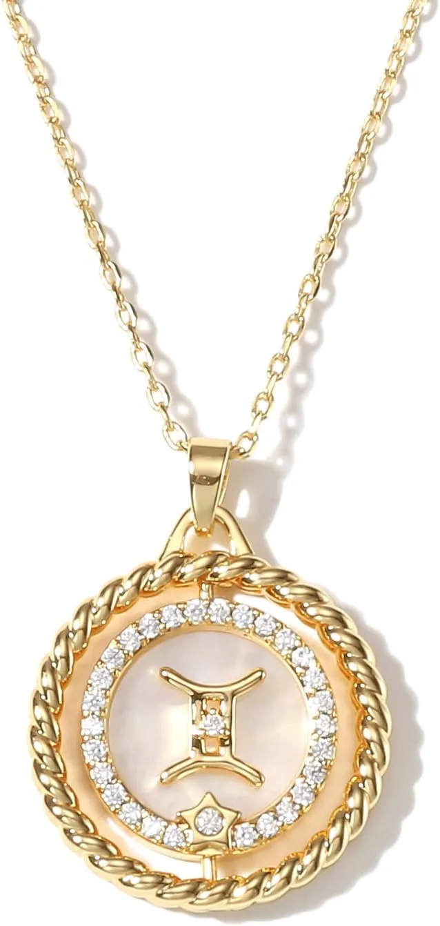 14K Gold Zodiac Necklace for Women,Gold Plated Rotatable 12 Constellation Astrology Necklaces,Jewelry Gifts