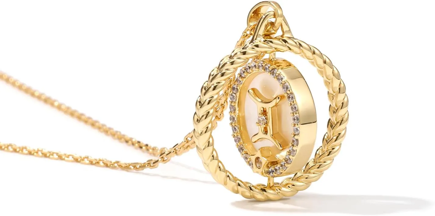 14K Gold Zodiac Necklace for Women,Gold Plated Rotatable 12 Constellation Astrology Necklaces,Jewelry Gifts