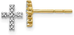 14k Yellow Gold and Top Surface Rhodium Plated Diamond Religious Faith Cross Post Earrings 7x5mm Wide Stud Earring for Women