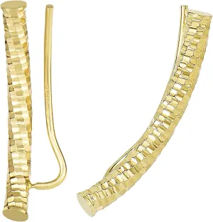 14K Yellow Gold Diamond-Cut Ear Cuff Climbers Post Earrings - 1.3gr, 2x20mm, (3/32" x 13/16 Inches)