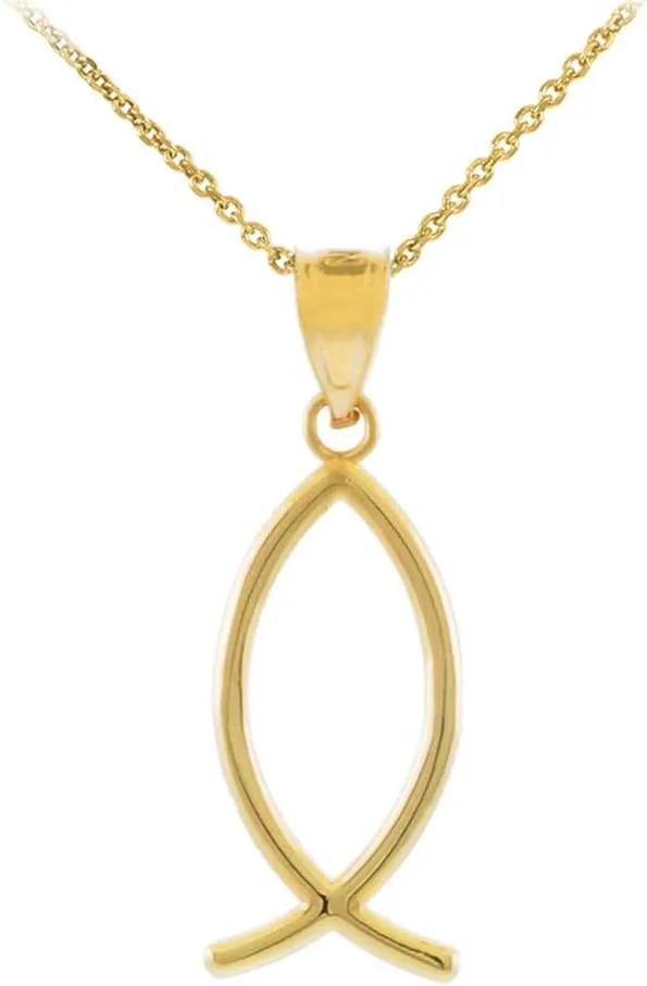 14k Yellow Gold Ichthus Christian Vertical Fish Pendant Necklace