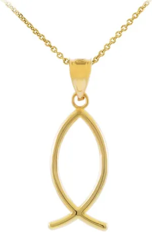 14k Yellow Gold Ichthus Christian Vertical Fish Pendant Necklace