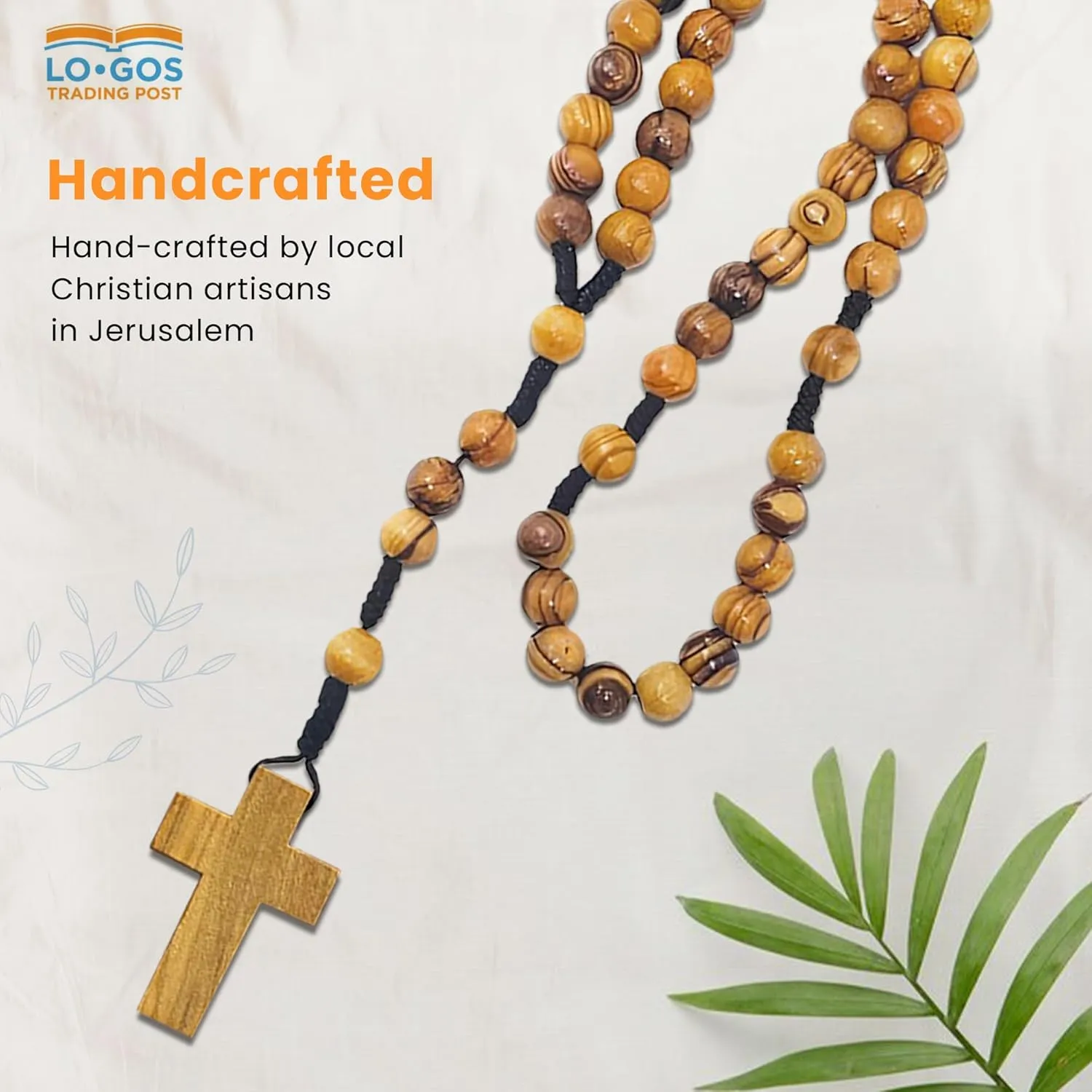 15 Olive Wood Rosary  Catholic Rosary for Men and Women from The Holy Land - Handcrafted Threaded Rope Rosary w/ Dangling Cross Pendant & Traditional Cord - Ideal Catholic Gifts for First Communion