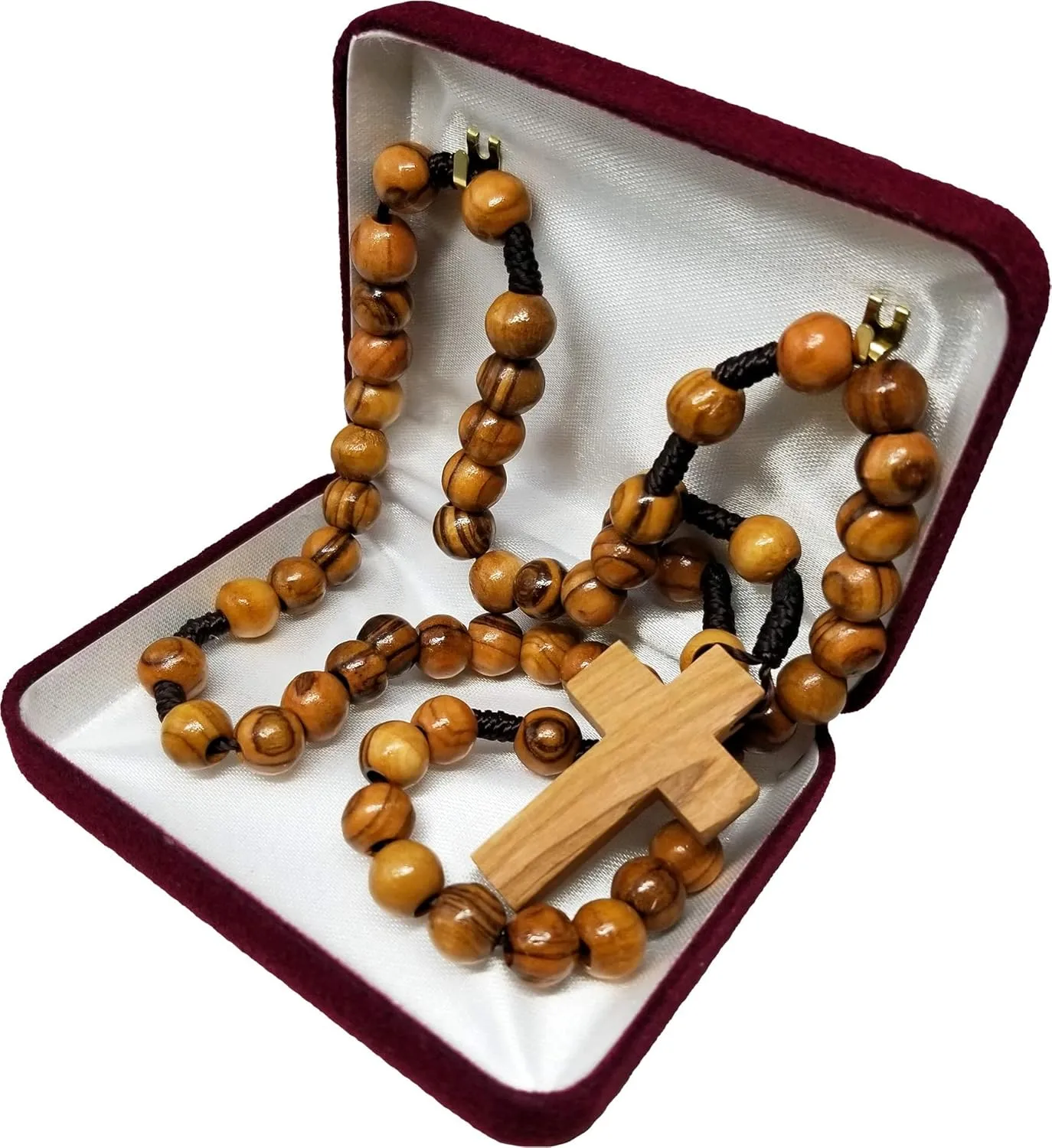 15 Olive Wood Rosary  Catholic Rosary for Men and Women from The Holy Land - Handcrafted Threaded Rope Rosary w/ Dangling Cross Pendant & Traditional Cord - Ideal Catholic Gifts for First Communion