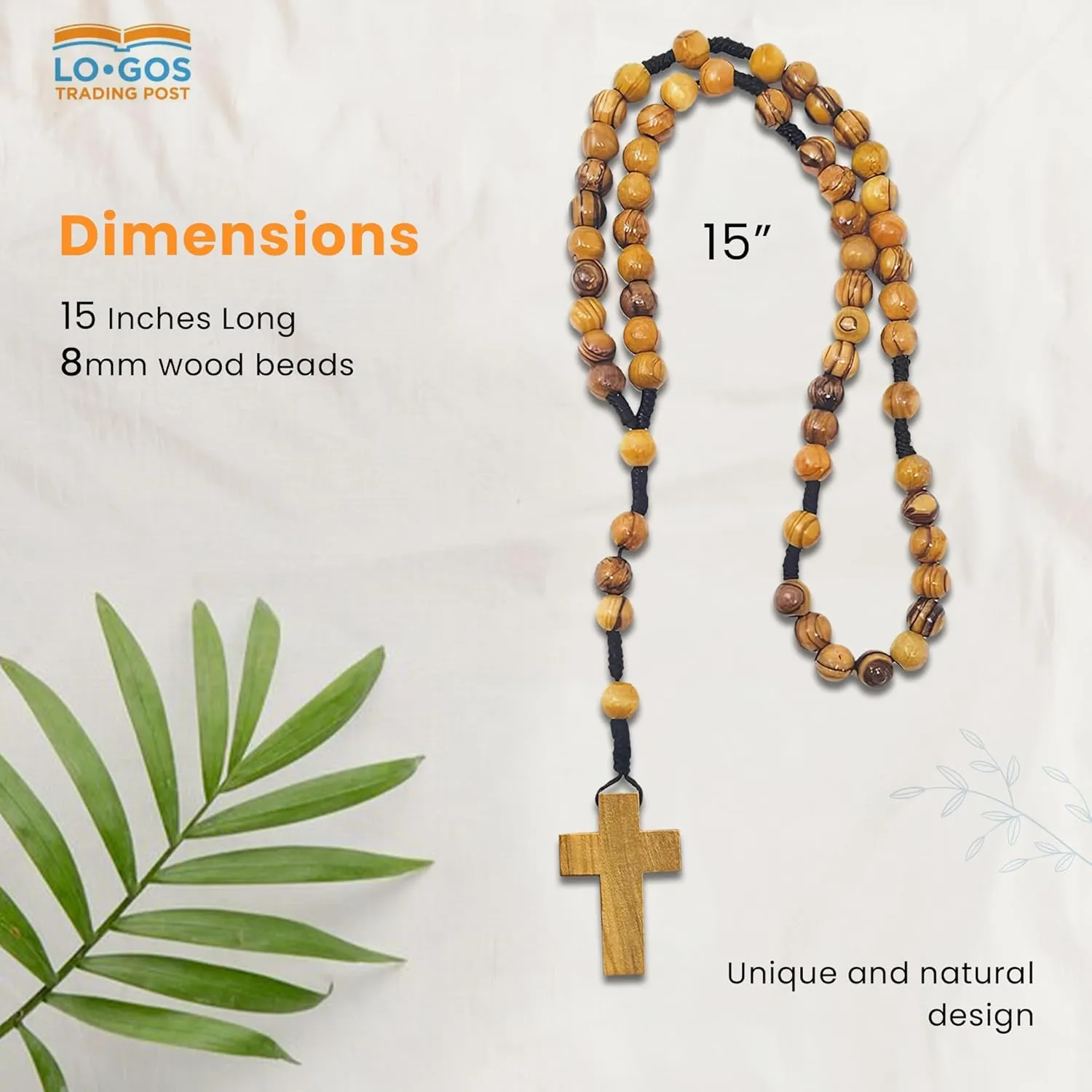 15 Olive Wood Rosary  Catholic Rosary for Men and Women from The Holy Land - Handcrafted Threaded Rope Rosary w/ Dangling Cross Pendant & Traditional Cord - Ideal Catholic Gifts for First Communion