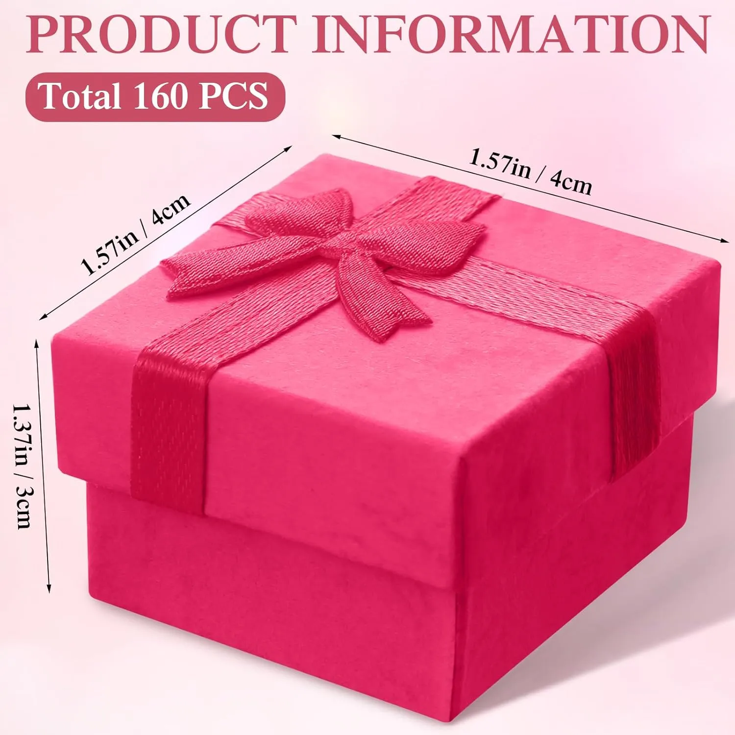 160 Pcs Ring Gift Box Cardboard Jewelry Gift Box 1.57x1.57 In Bulk Small Square Ring Box with Ribbon Bow for Birthday (Rose Red)