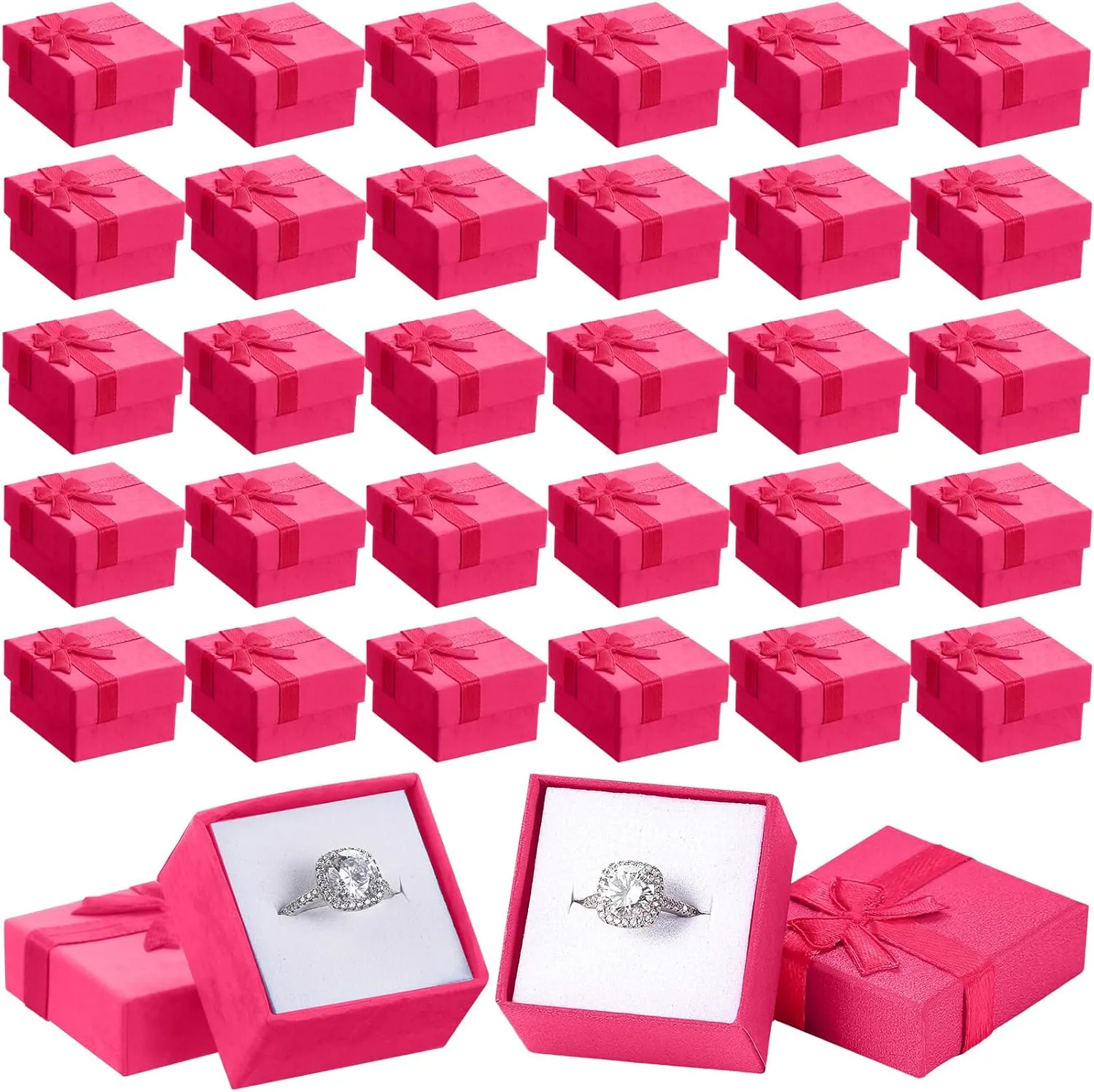 160 Pcs Ring Gift Box Cardboard Jewelry Gift Box 1.57x1.57 In Bulk Small Square Ring Box with Ribbon Bow for Birthday (Rose Red)