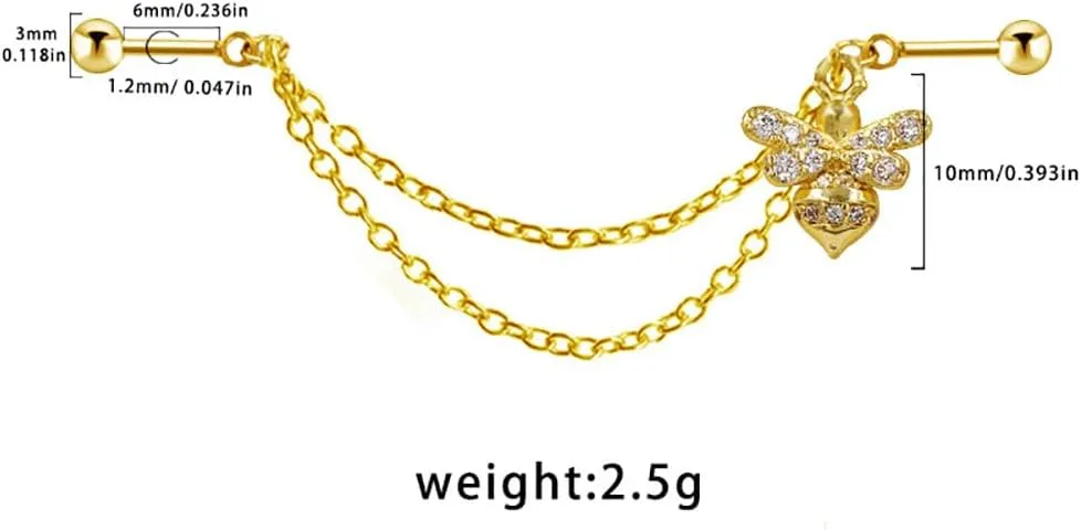 16G Gold Chain Industrial Piercing Jewelry for Women Stainless Steel Industrial Barbell Earrings Double Piercing Cartilage Helix Conch Earrings Body Piercing Jewelry
