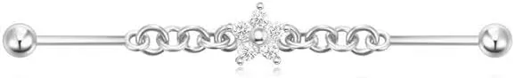 18G S925 Sterling Silver Industrial Barbell Earrings CZ Flower Chain Industrial Piercing Jewelry Cartilage Industrial Earrings for Women