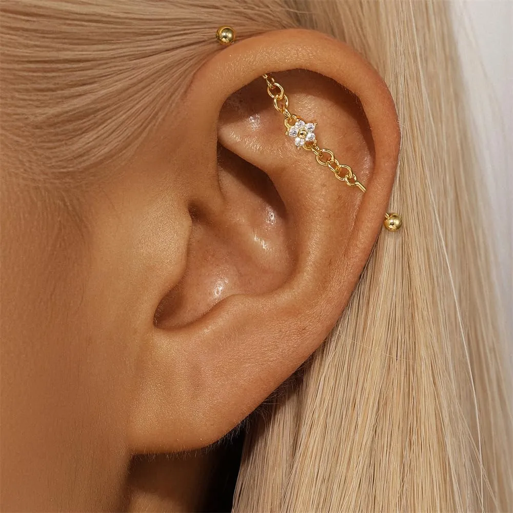 18G S925 Sterling Silver Industrial Barbell Earrings CZ Flower Chain Industrial Piercing Jewelry Cartilage Industrial Earrings for Women