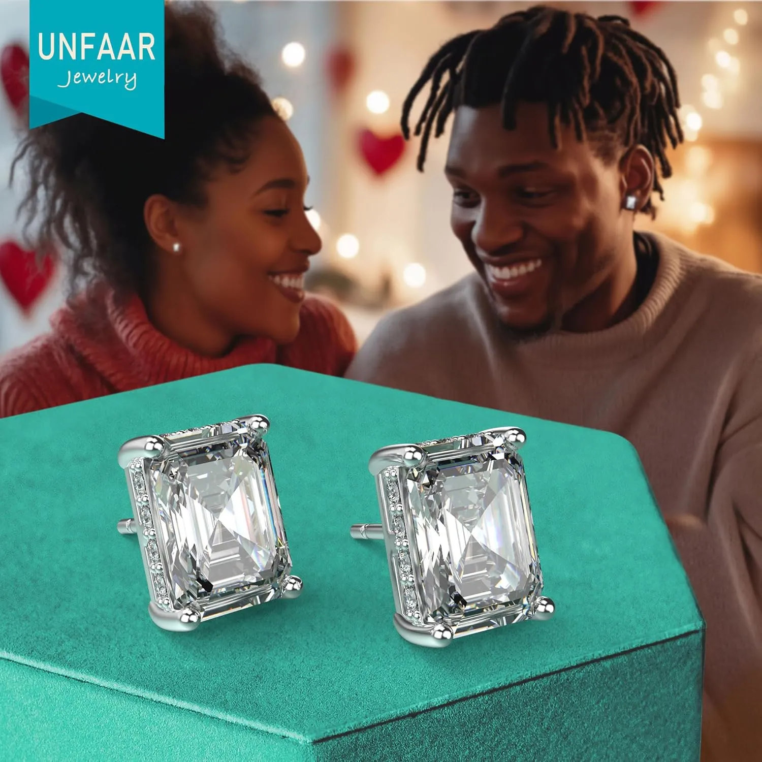 18K White Gold Plated Sterling Silver Emerald Cut Cubic Zirconia Stud Earrings for Women Men Rectangle CZ Diamond Stud Earrings