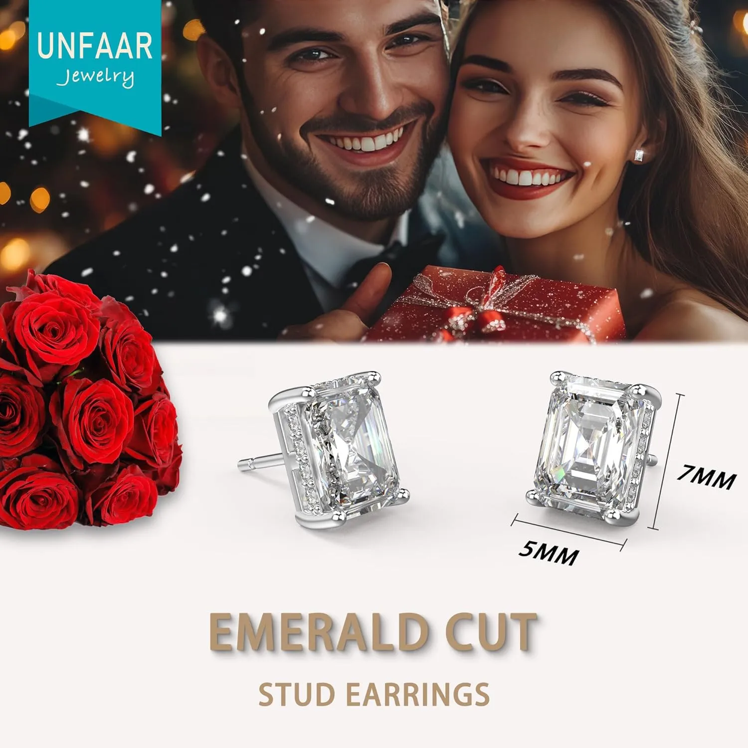 18K White Gold Plated Sterling Silver Emerald Cut Cubic Zirconia Stud Earrings for Women Men Rectangle CZ Diamond Stud Earrings