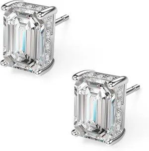 18K White Gold Plated Sterling Silver Emerald Cut Cubic Zirconia Stud Earrings for Women Men Rectangle CZ Diamond Stud Earrings